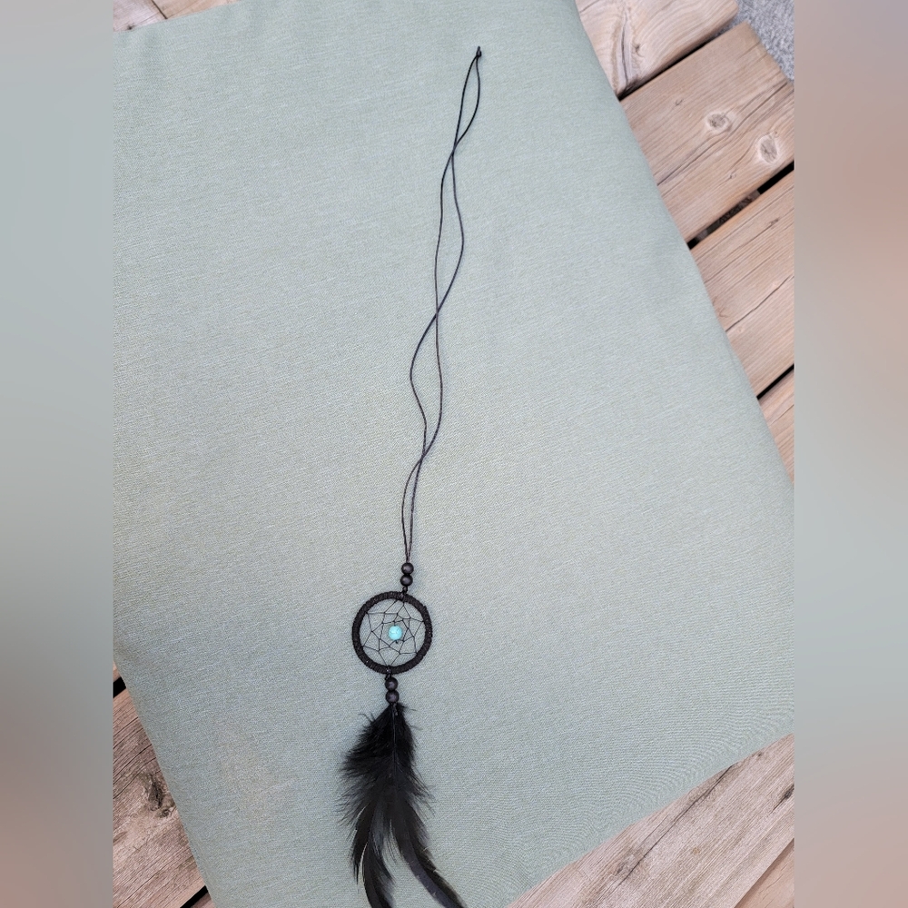 Boho Dreamcatcher Necklace – Black Cord w/ Feather & Turquoise Bead